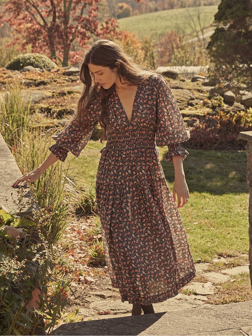Doen Cecily Dress Teal Canterbury Paisley Size XL Midi V-Neck